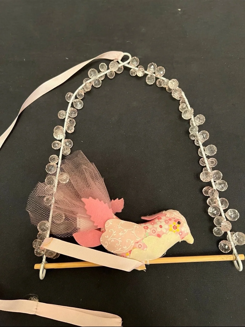 Hanging crystal and plush bird perch embellished mobile ceiling decor y2k